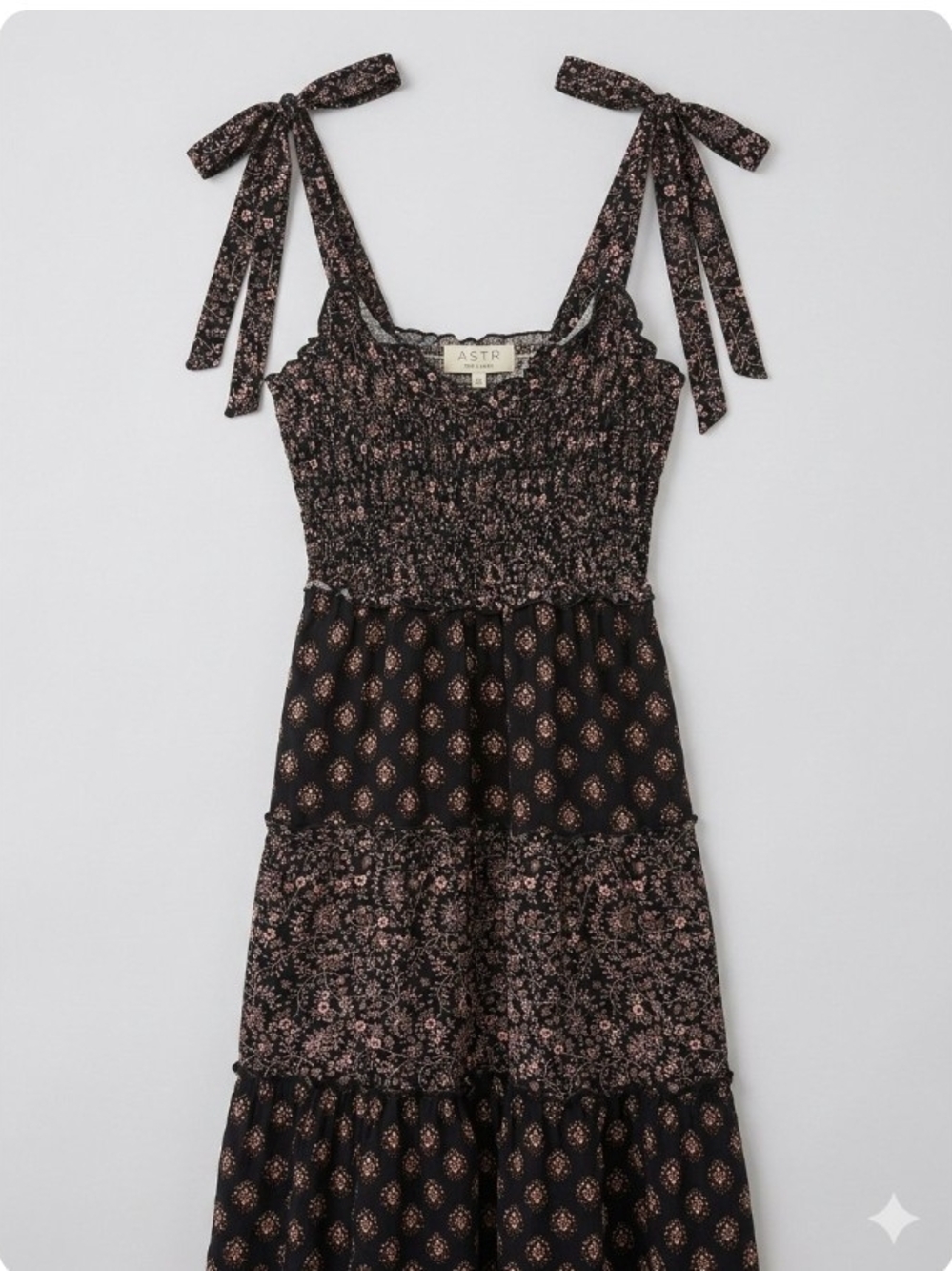 Mixed Floral Smocked Tiered Maxi Dress Tie Shoulder Cottagecore Boho Coquette XL
